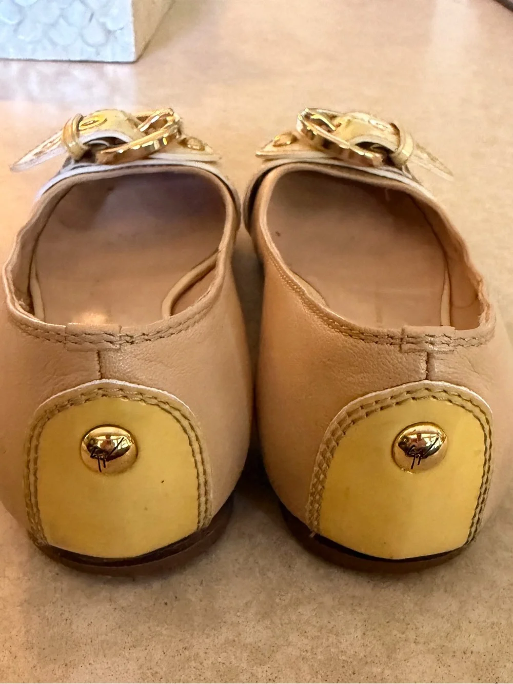 Giuseppe Zanotti Gold Buckle Ballet Flats tan leather cream patent leather 6 36
